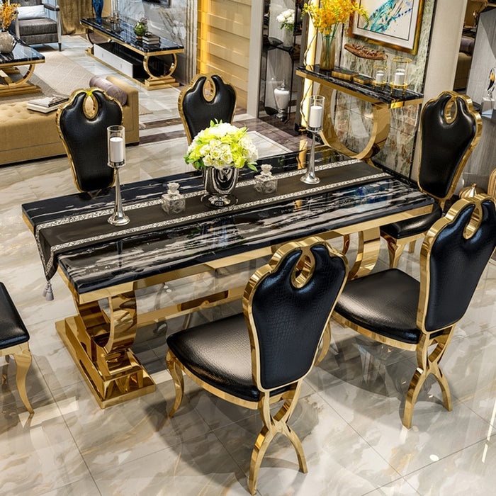 LUXURY STAINLESS STEEL MARBLE DINING TABLES & CHAIRS