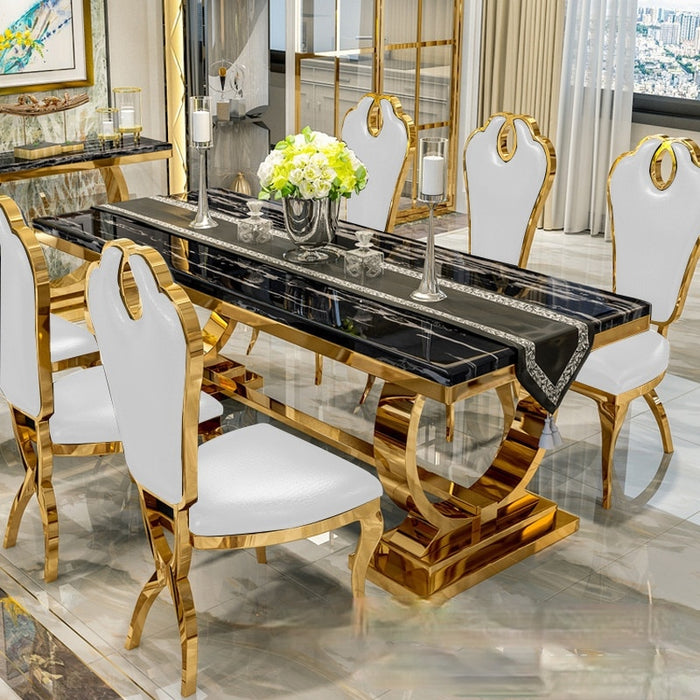 LUXURY STAINLESS STEEL MARBLE DINING TABLES & CHAIRS