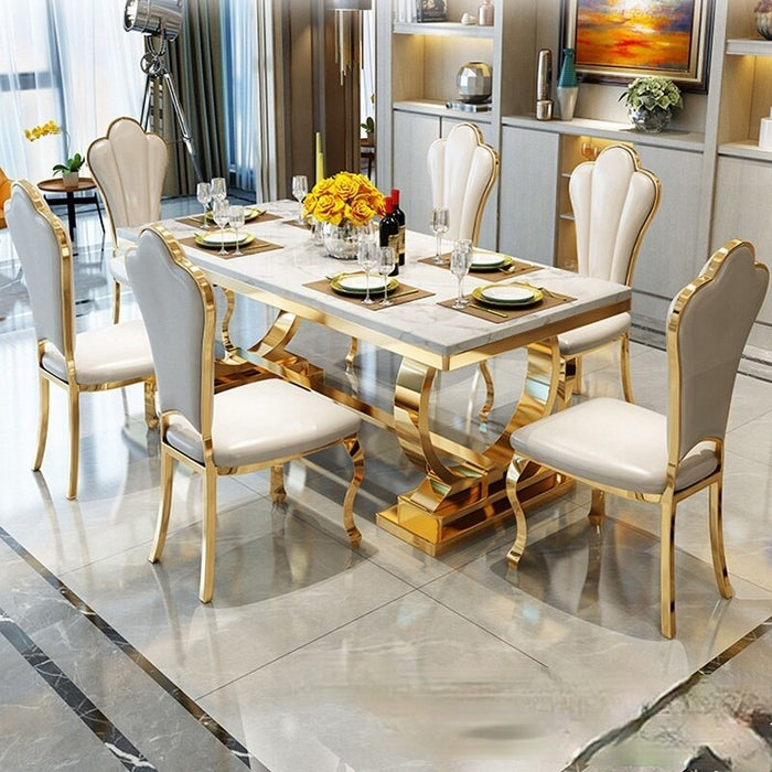 LUXURY STAINLESS STEEL MARBLE DINING TABLES & CHAIRS